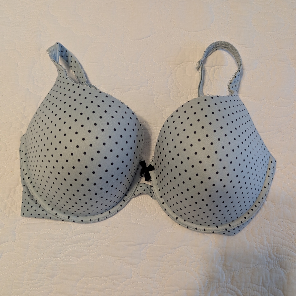 Victoria's Secret Light Blue Polka Dot T-Shirt Push Up Bra with Black Dots